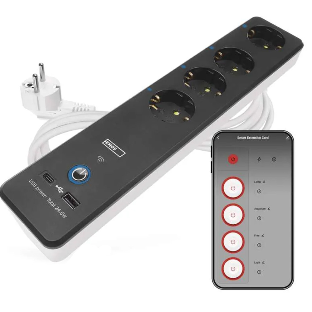 Мережевий фільтр EMOS P1422SM 4 розетки USB-A, USB-C, Wi-Fi 2 м Black Тип вилки євровилка із заземленням (Тип F)
