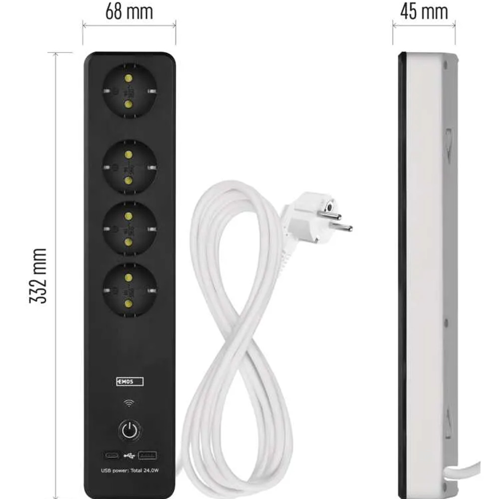 Мережевий фільтр EMOS P1422SM 4 розетки USB-A, USB-C, Wi-Fi 2 м Black Тип розеток євророзетка із заземленням (Тип F)