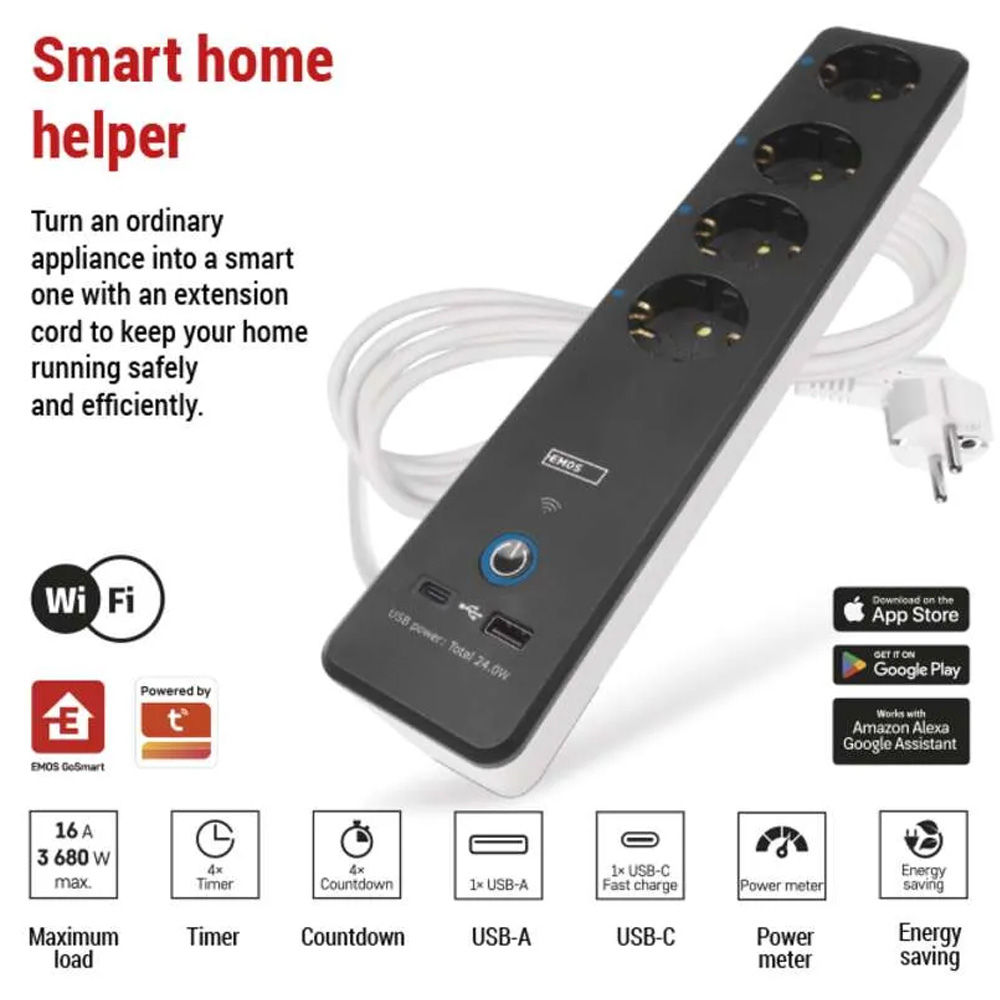Зовнішній вигляд Мережевий фільтр EMOS P1422SM 4 розетки USB-A, USB-C, Wi-Fi 2 м Black