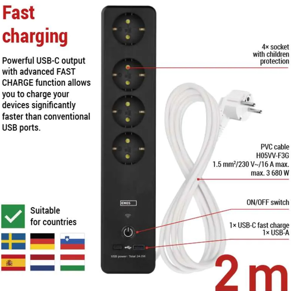 Покупка Мережевий фільтр EMOS P1422SM 4 розетки USB-A, USB-C, Wi-Fi 2 м Black