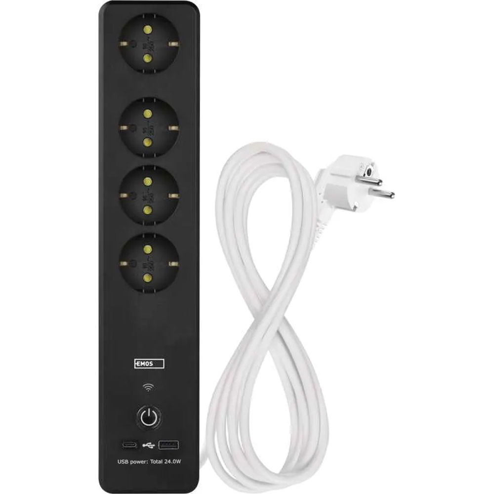 Зображення Мережевий фільтр EMOS P1422SM 4 розетки USB-A, USB-C, Wi-Fi 2 м Black