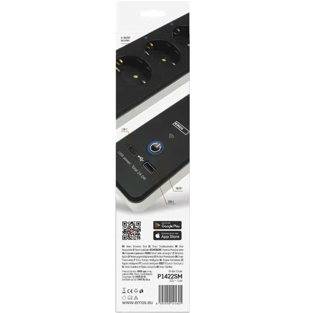 Фото 14 Мережевий фільтр EMOS P1422SM 4 розетки USB-A, USB-C, Wi-Fi 2 м Black