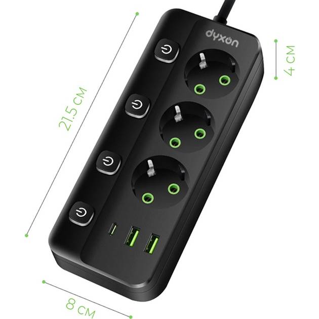 Сетевой фильтр DYXON PRO-1096 3 розетки 5м 2USB-A/1USB-C (PD) Black (DXN-1096-5M-3-B) Максимальная сила тока 2.1
