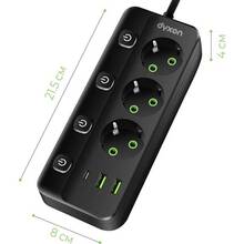 Сетевой фильтр DYXON PRO-1096 3 розетки 5м 2USB-A/1USB-C (PD) Black (DXN-1096-5M-3-B)
