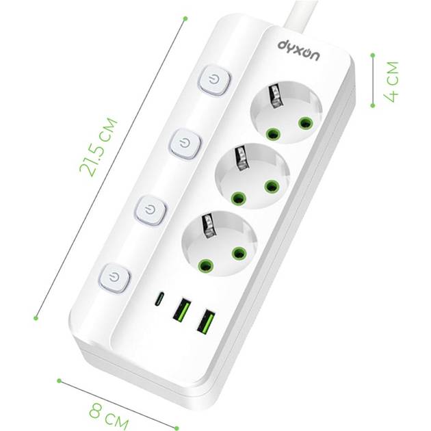 Сетевой фильтр DYXON PRO-1096 3 розетки 5м 2USB-A/1USB-C (PD) White (DXN-1096-5M-3-W) Максимальная сила тока 2.1