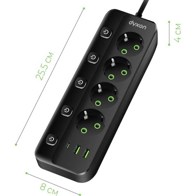 Сетевой фильтр DYXON PRO-1097 4 розетки 5м 2USB-A/1USB-C (PD) Black (DXN-1097-5M-4-B) Максимальная сила тока 2.1
