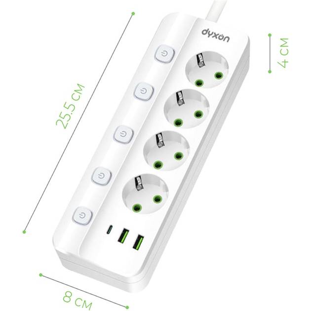 Сетевой фильтр DYXON PRO-1097 4 розетки 5м 2USB-A/1USB-C (PD) White (DXN-1097-5M-4-W) Максимальная сила тока 2.1