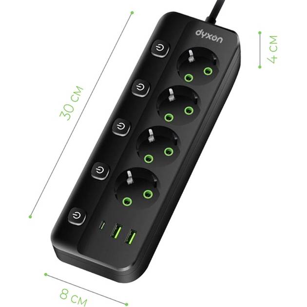 Сетевой фильтр DYXON PRO-1098 5 розеток 5м 2USB-A/1USB-C (PD) Black (DXN-1098-5M-5-B) Максимальная сила тока 2.1