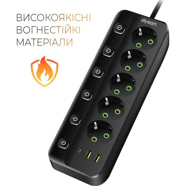 Сетевой фильтр DYXON PRO-1098 5 розеток 5м 2USB-A/1USB-C (PD) Black (DXN-1098-5M-5-B) Тип розеток евророзетка с заземлением (Тип F)