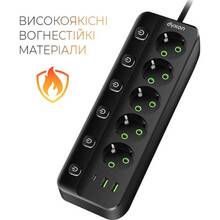 Сетевой фильтр DYXON PRO-1098 5 розеток 5м 2USB-A/1USB-C (PD) Black (DXN-1098-5M-5-B)