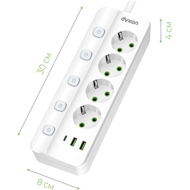 Мережевий фільтр DYXON PRO-1098 5 розеток 5м 2USB-A/1USB-C (PD) White (DXN-1098-5M-5-W) Максимальна сила струму 2.1