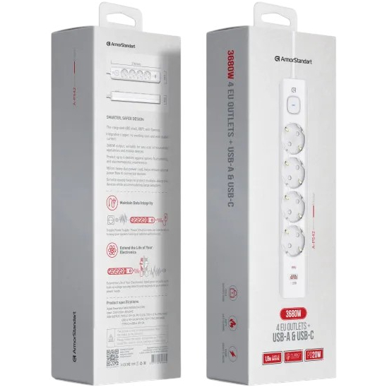 Сетевой фильтр ARMORSTANDART A-PS42 4 розетки 1.8м 16А White (ARM84666) Тип розеток евророзетка с заземлением (Тип F)