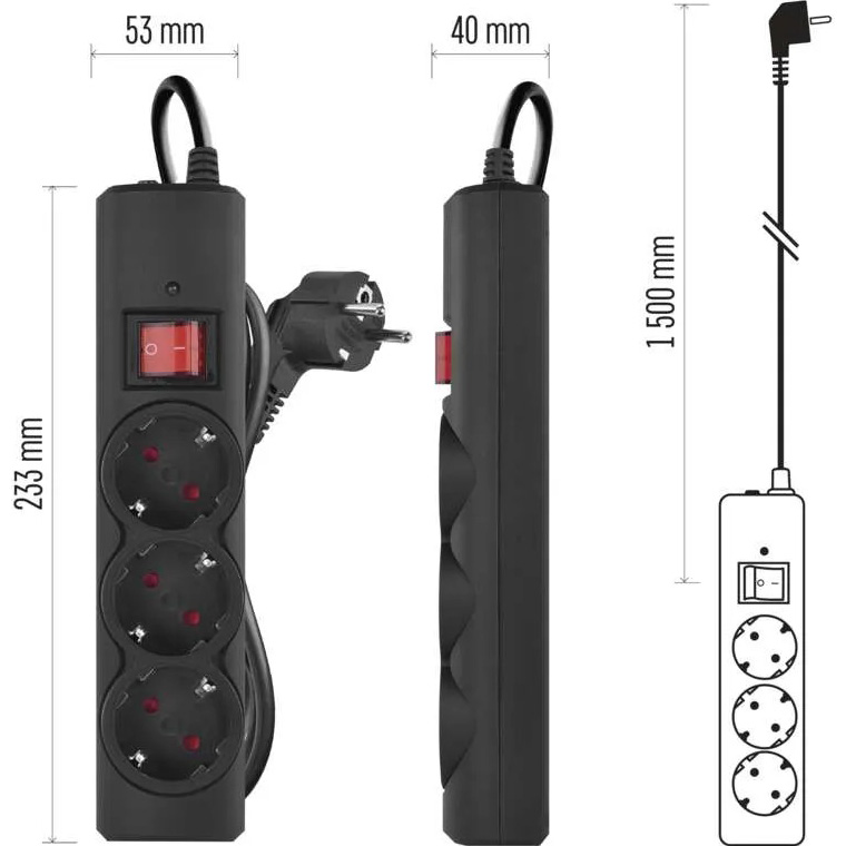 Фото Мережевий фільтр EMOS P54214 3 розетки 1.5м 10А 3x1.5мм2 Black