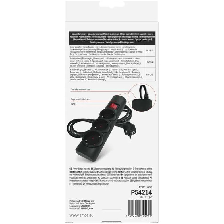 Зображення Мережевий фільтр EMOS P54214 3 розетки 1.5м 10А 3x1.5мм2 Black