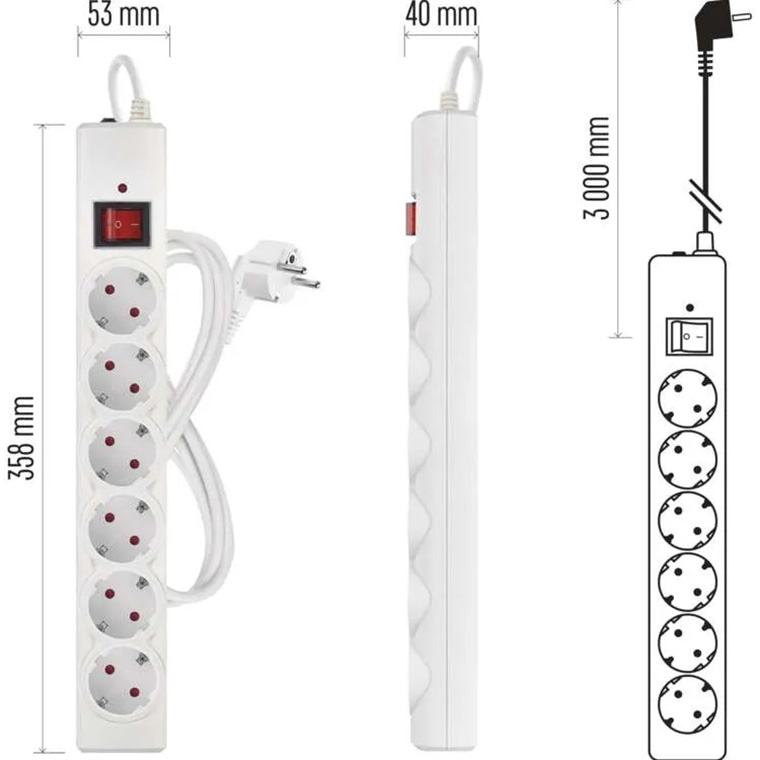Фото Сетевой фильтр EMOS P54216 6 розеток 3м 10А 3x1.5мм2 White