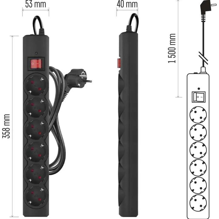 Внешний вид Сетевой фильтр EMOS P54218 6 розеток 1.5м 10А 3x1.5мм2 Black