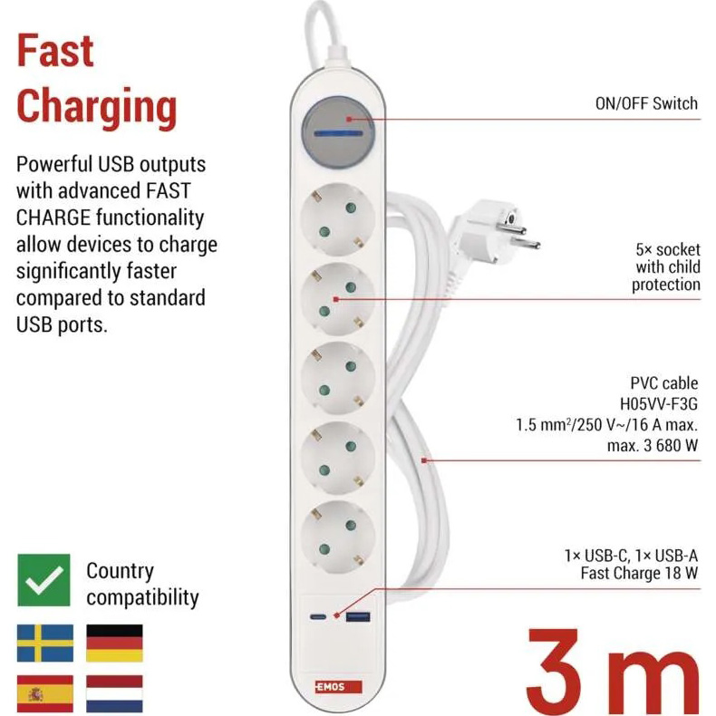 Заказать Сетевой фильтр EMOS P1523FC 5 розеток 3 м 16А 3x1.5мм2 White/Grey (P1523FC)
