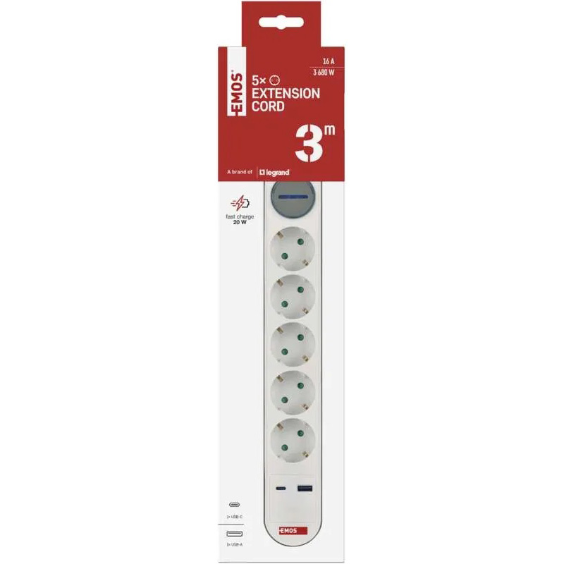 В Украине Сетевой фильтр EMOS P1523FC 5 розеток 3 м 16А 3x1.5мм2 White/Grey (P1523FC)