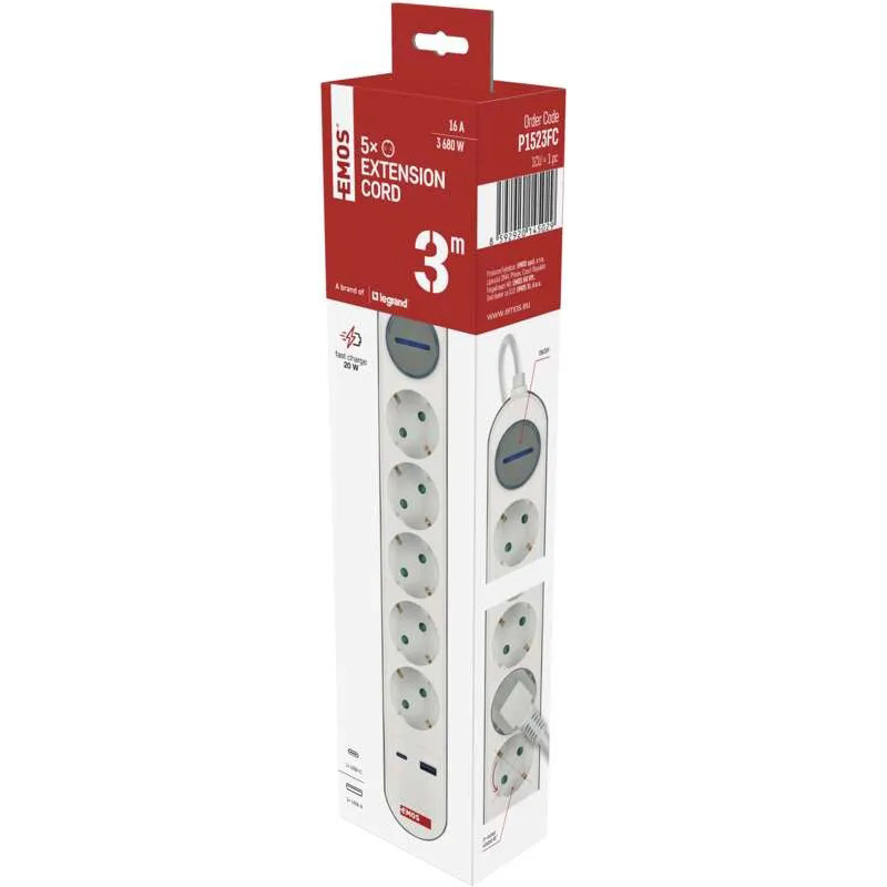 В Фокстрот Сетевой фильтр EMOS P1523FC 5 розеток 3 м 16А 3x1.5мм2 White/Grey (P1523FC)
