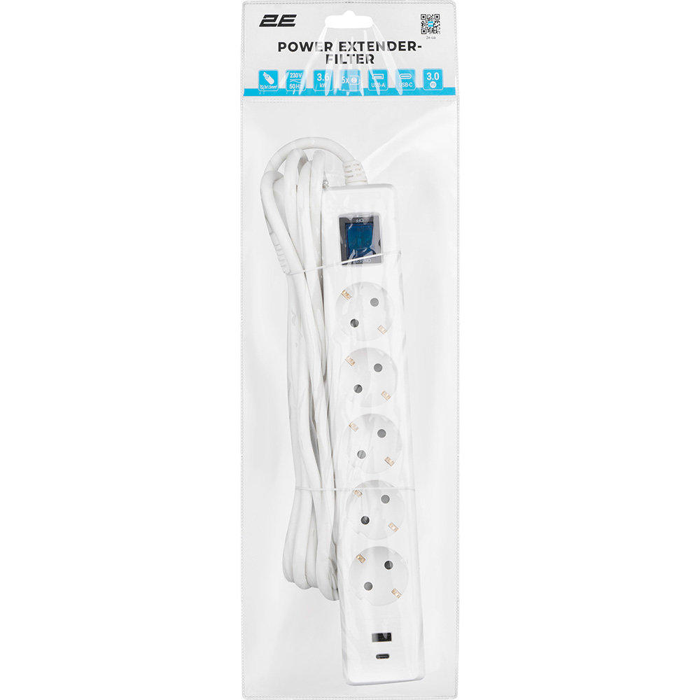 Фото Сетевой фильтр 2E 5 розеток 3м 16А 3x1.5мм2 White (2E-SP515M3USBWH)