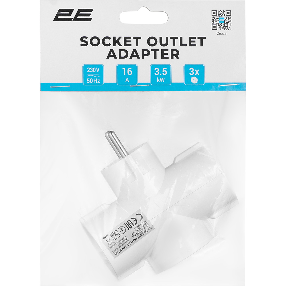 Фото Розгалужувач 2E 3 розетки 16А White (2E-AD0103WH)