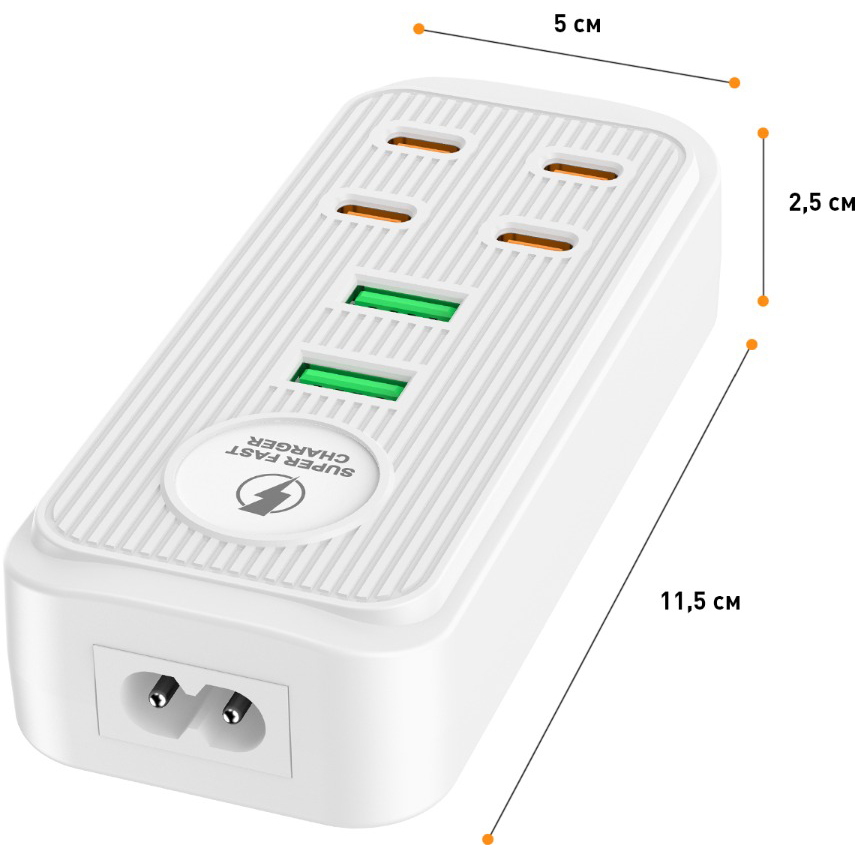 Сетевой фильтр DYXON C02 4 x USB-C 2 x USB-A  2 м White (DXN-C02-2M-W) Максимальная сила тока 3.4