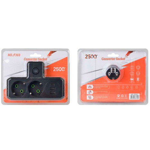 Розгалужувач VOLTRONIC 2 розетки 10A (F303-Black) Тип вилки євровилка із заземленням (Тип F)