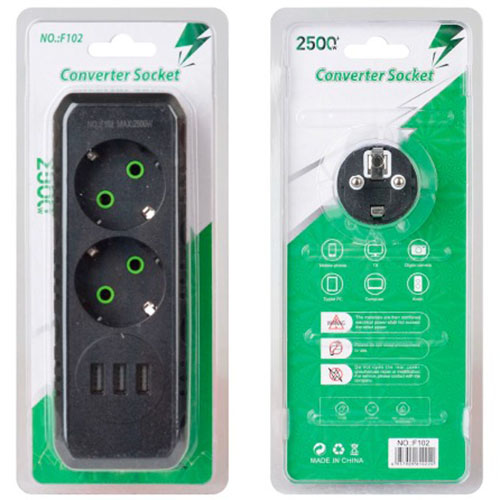 Разветвитель VOLTRONIC 2 розетки 10A (F102-Black) Тип вилки евровилка с заземлением (Тип F) 