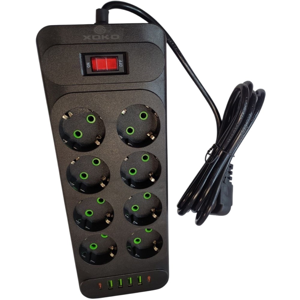 Мережевий фільтр XOKO SP-8-4-2 (F34U) 8 розеток 2 м 10А Black (XK-SP-8-4-2-BK) Тип вилки євровилка із заземленням (Тип F)