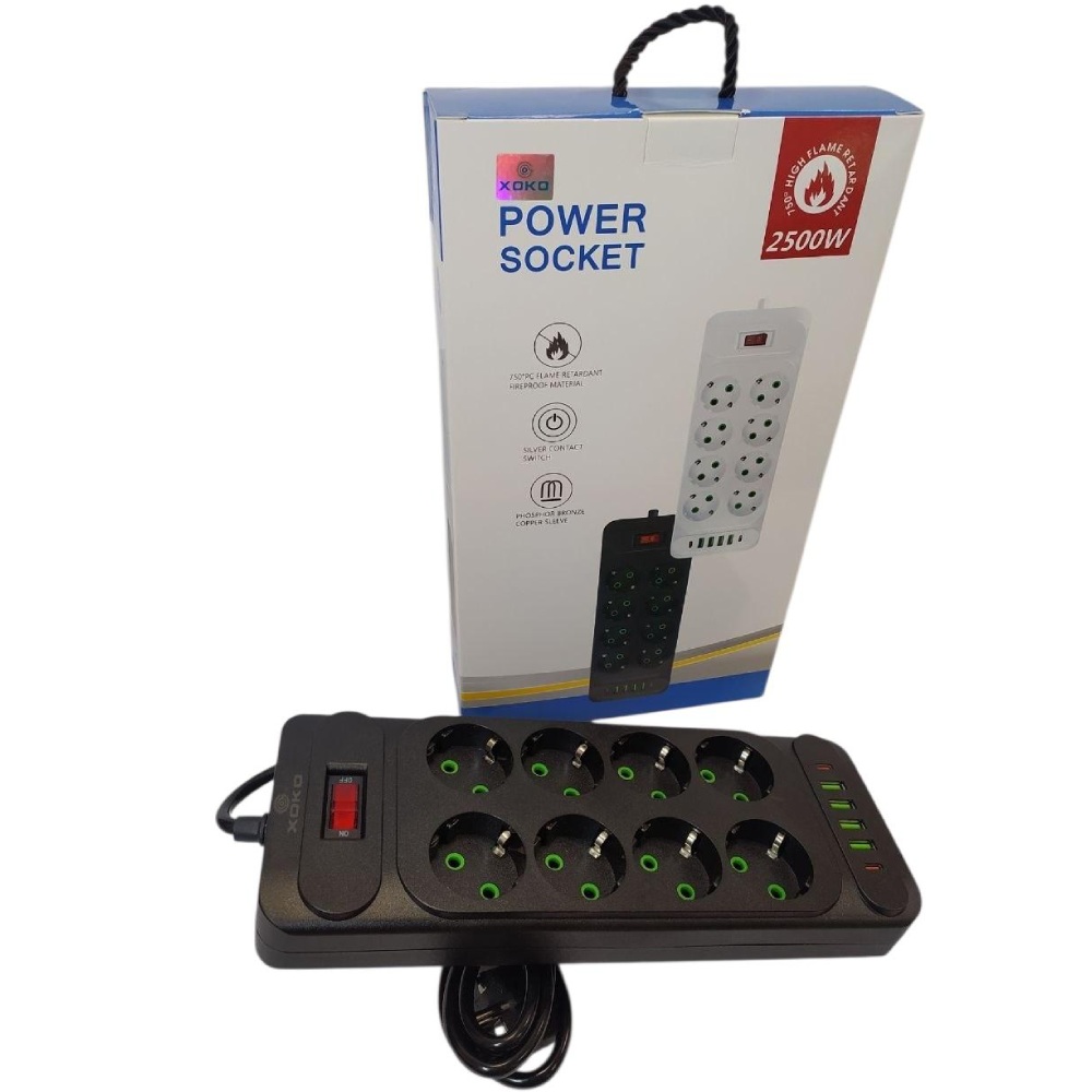 Зовнішній вигляд Мережевий фільтр XOKO SP-8-4-2 (F34U) 8 розеток 2 м 10А Black (XK-SP-8-4-2-BK)