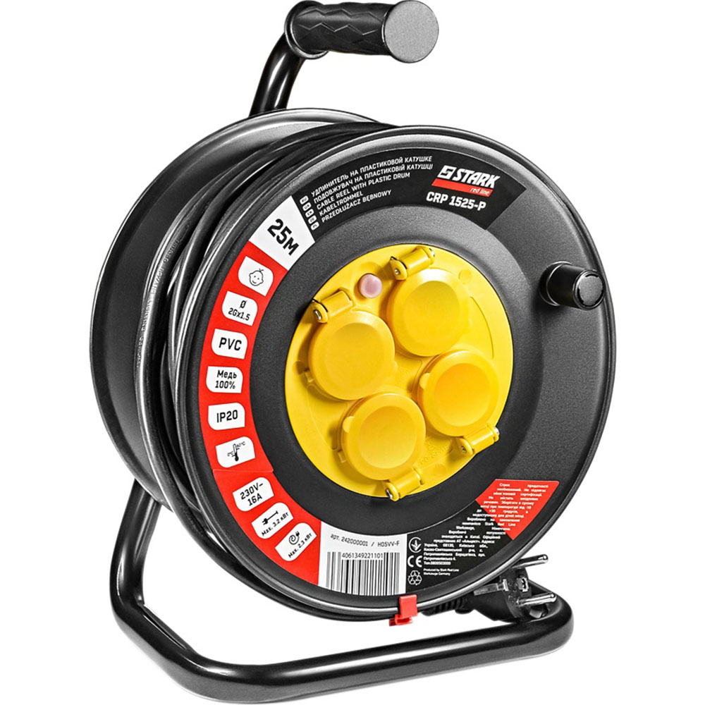 Подовжувач STARK CRP 1525-P 4 розетки 25м 16А Black (242000001) Максимальна сила струму 16