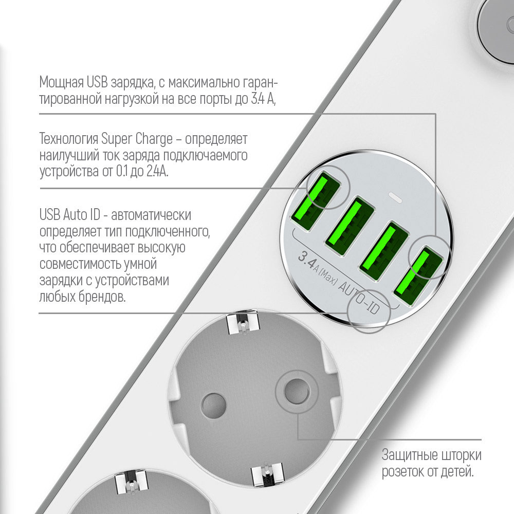 Мережевий фільтр COLORWAY 4 розетки/4 USB white (CW-CHE44W) Тип мережевий фільтр