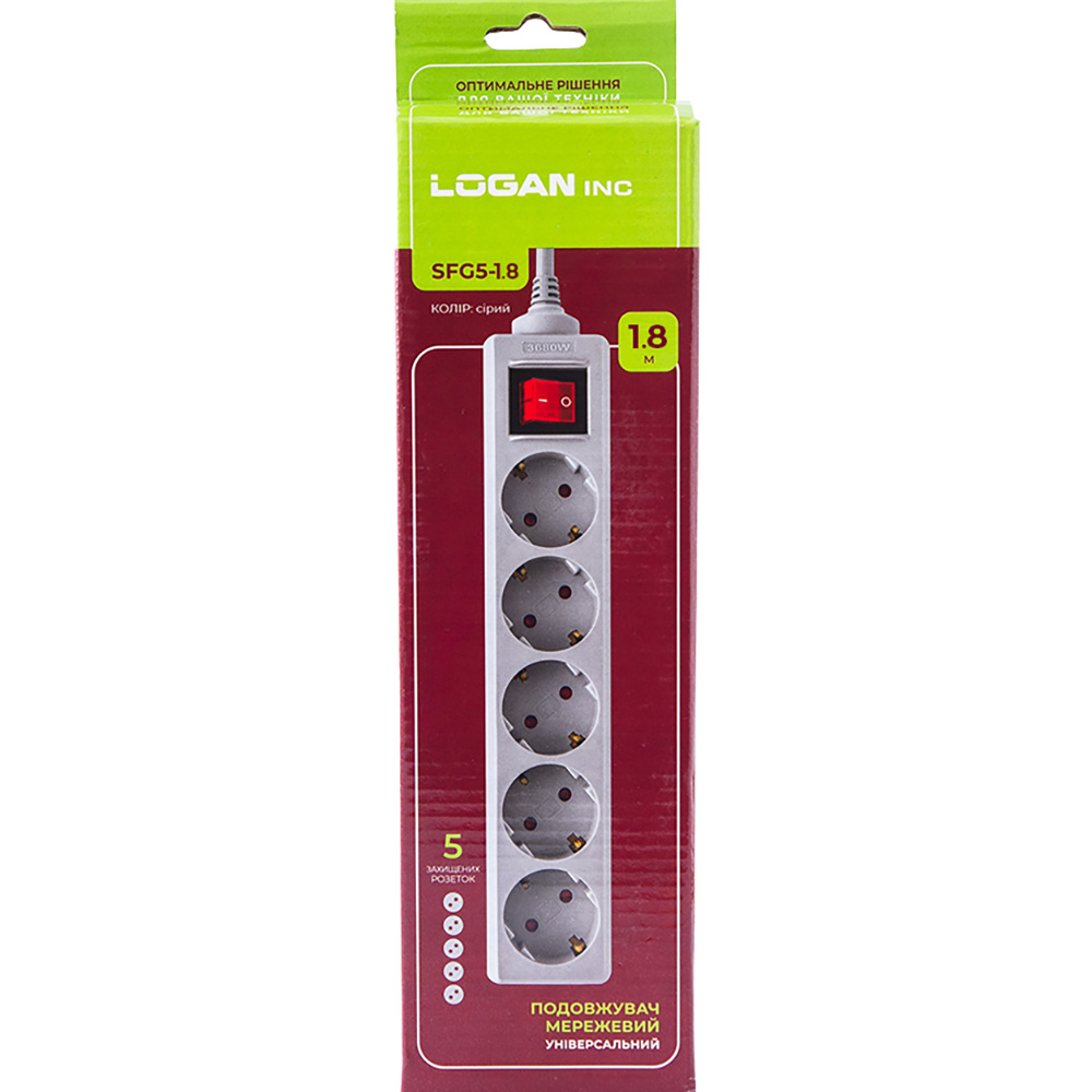 Подовжувач LOGAN 5 розеток 1,8м 16А 3x1.5мм2 Grey (SFG5-1.8) Зовнішній вигляд Подовжувач LOGAN 5 розеток 1,8м 16А 3x1.5мм2 Grey (SFG5-1.8)
