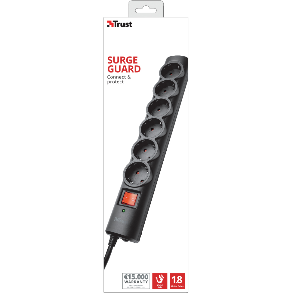 Внешний вид Сетевой фильтр TRUST Surge Protector 6 розеток 1.8м Black (21059)