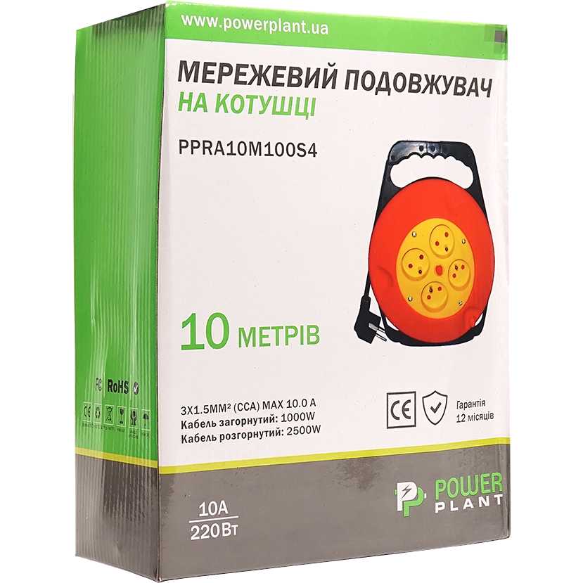 Удлинитель POWERPLANT JY-2002/10 4 розетки 10м 10А 3x1.5мм2 Black (PPRA10M100S4) Тип вилки евровилка с заземлением (Тип F) 