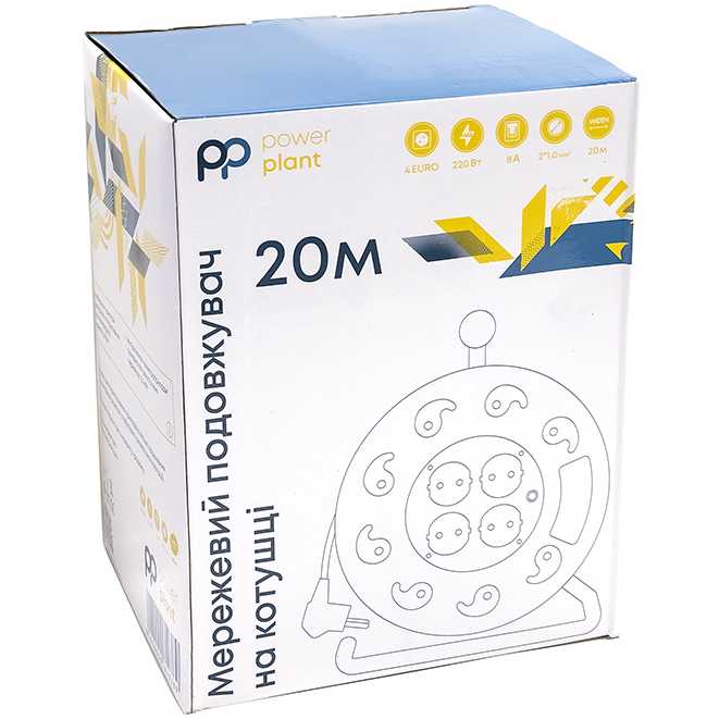 Удлинитель POWERPLANT JY-2000/20 4 розетки 20м 8А 2x1.0мм2 Black/Yellow (PPRA08M200S4) Тип розеток евророзетка с заземлением (Тип F)