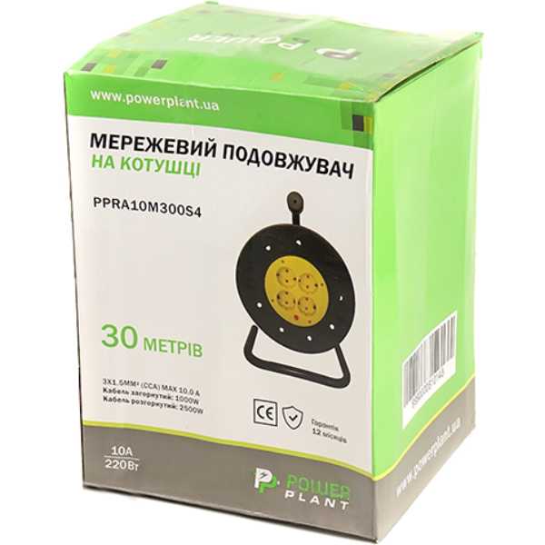 Удлинитель POWERPLANT JY-2002/30 4 розетки 30м 10А 3x1.5мм2 Black/Yellow (PPRA10M300S4) Тип вилки евровилка с заземлением (Тип F) 