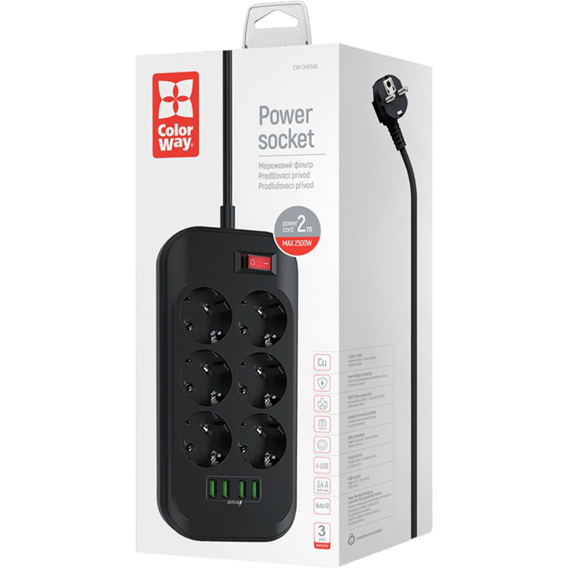 Мережевий фільтр COLORWAY 6 розеток + 4xUSB 2м 10А Black (CW-CHE64B) Тип розеток євророзетка із заземленням (Тип F)