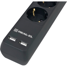 Сетевой фильтр REAL EL RS-6 Protect 6 розеток + 2xUSB 1.8м 16А 3х1.5мм2 Black (EL122300016)