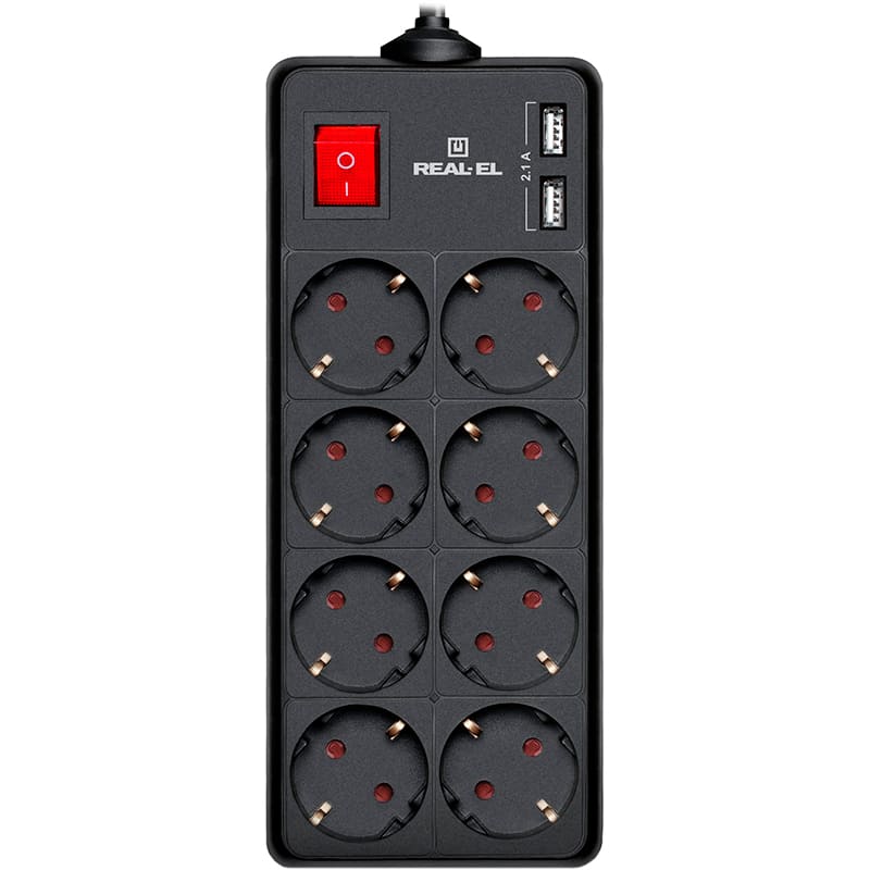 Фільтр мережі REAL EL RS-8 Protect USB 8 розеток + 2xUSB 1.8м 16А 3х1.5мм2 Black (EL122300019)