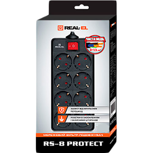 Зовнішній вигляд Мережевий фільтр REAL EL RS-8 Protect 8 розеток 1.8м 16А 3х1.5мм2 Black (EL122300021)