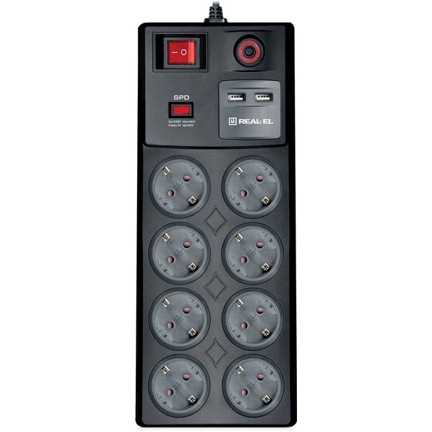 Мережевий фільтр REAL EL RS-8F USB Charge 8 розеток + 2xUSB 3м 16A 3x1.5мм2 Black (EL122300004) Мережевий фільтр REAL EL RS-8F USB Charge 8 розеток + 2xUSB 3м 16A 3x1.5мм2 Black (EL122300004)