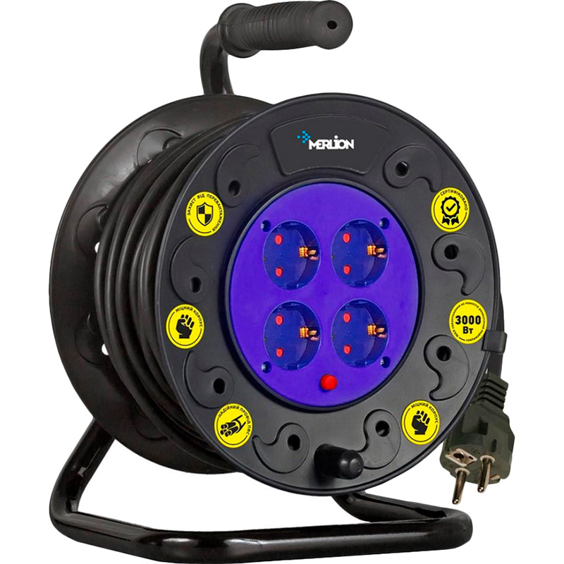 

Удлинитель на катушке Merlion 50 м 4 розетки (ML2150-50 м), Мережевий подовжувач ML2150-50м