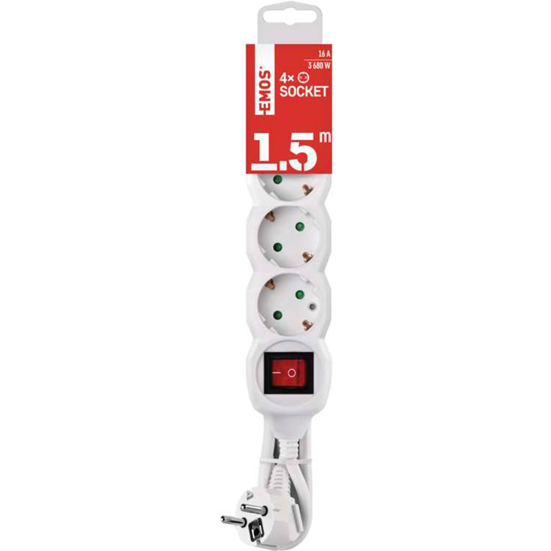 Удлинитель EMOS 4 розетки 1,5м 16A 3x1.5мм2 White (P1421R) Тип удлинитель
