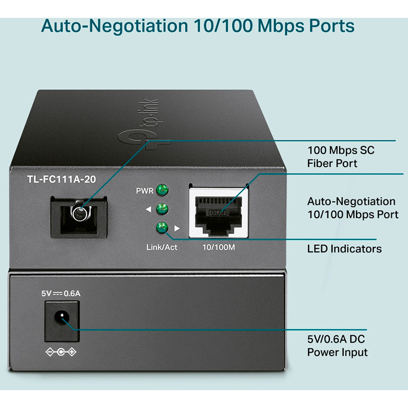 Медіаконвертер TP-LINK TL-FC111A-20 Підтримка стандартів 802.3u 10/100Base-TX, 100Base-FX