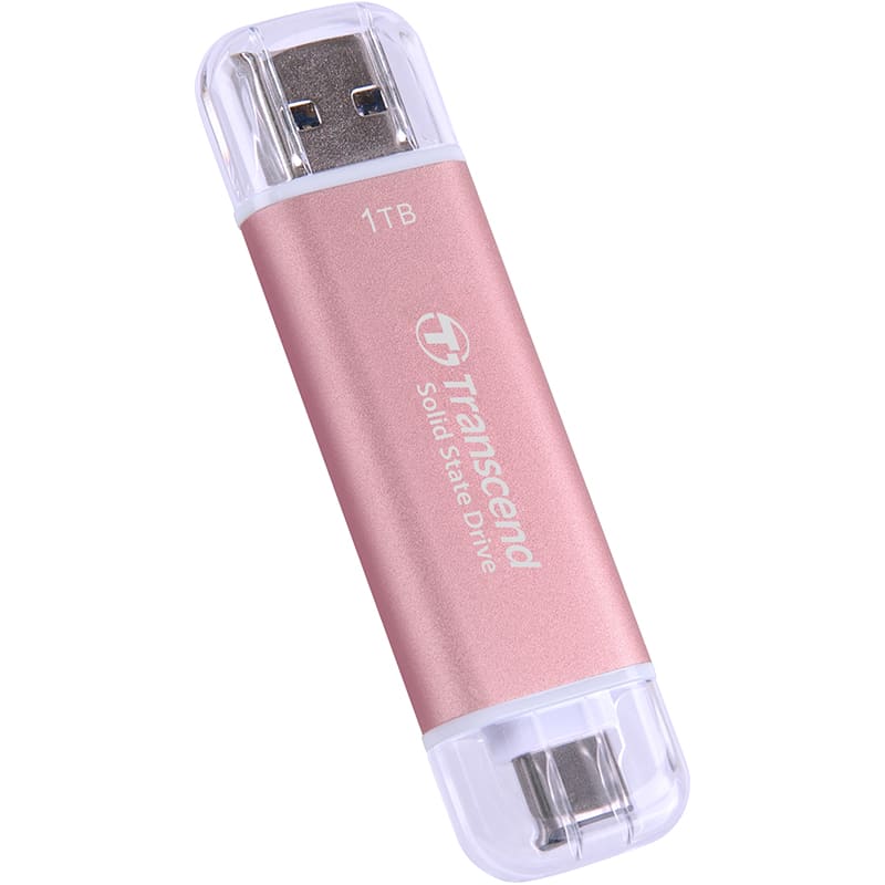 Зовнішній SSD накопичувач TRANSCEND ESD310P 1TB USB Type-A/USB Type-C 3D NAND Pink (TS1TESD310P) Додатково Можна використовувати з різними пристроями та операційними системами, включаючи Windows, MacOS та Android; Вбудована функція виправлення помилок (ECC)