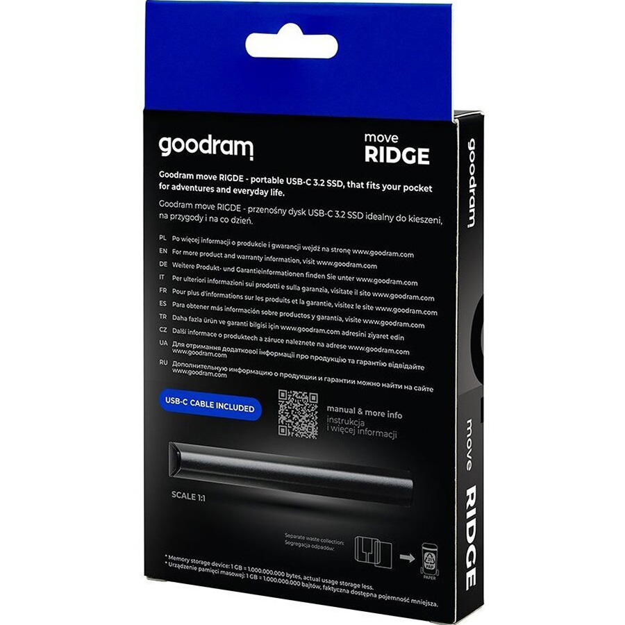 Внешний SSD накопитель GOODRAM Move Ridge 2TB Type-C Black (SSDR-GMRE-02T-K0) Емкость 2 Тб