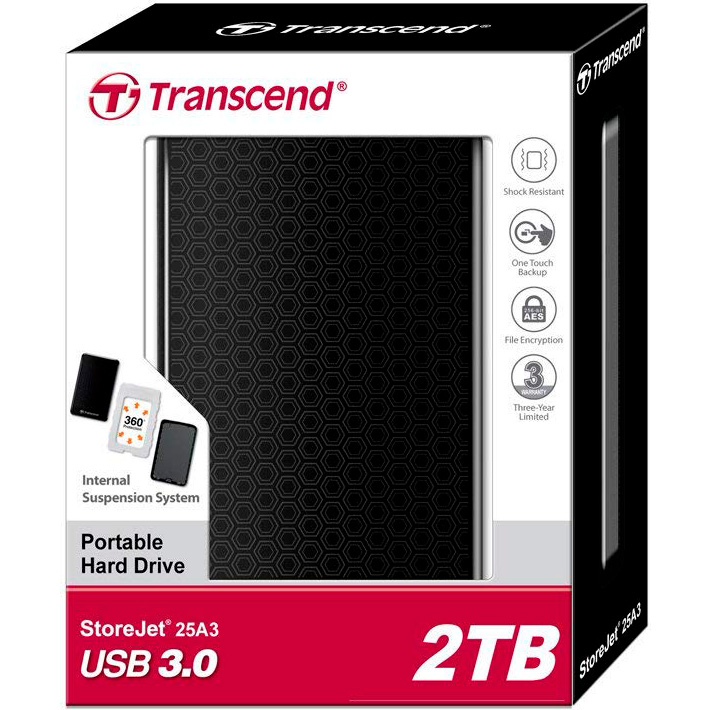 Зовнішній жорсткий диск TRANSCEND Storejet 25A3 2TB Black (TS2TSJ25A3K) Тип жорсткий диск HDD