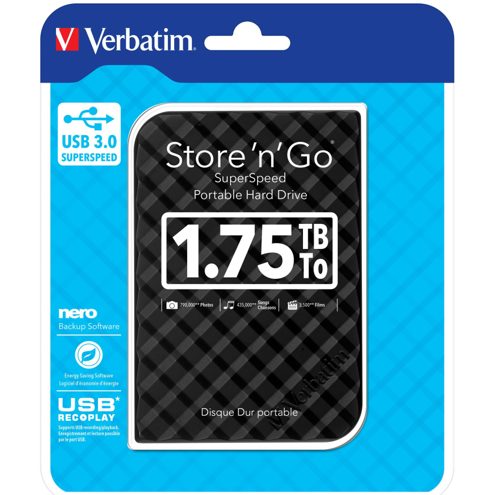 Внешний жесткий диск VERBATIM 1.75 TB Black Blister (53208) Тип жесткий диск (HDD)