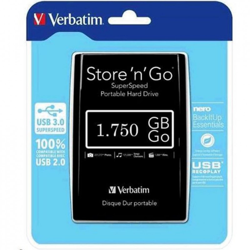 Внешний жесткий диск VERBATIM 1.75TB 2.5" Black (53191) Интерфейс USB 3.0